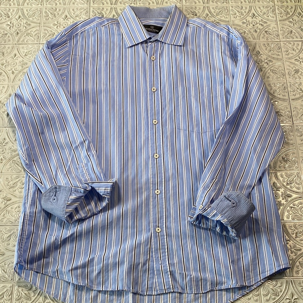 Bugatchi Uomo Blue Striped Flip Cuff Dress Shirt Men's XL Business Casual